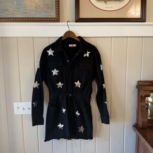 Women’s Buddy Love Black Denim Dress with Silver Star Sequins, Size Small